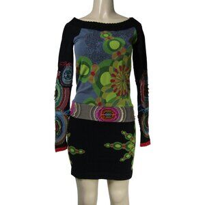 DESIGUAL Black Abstract Boho Art to Wear Bold Body Con Floral Sweater Dress M